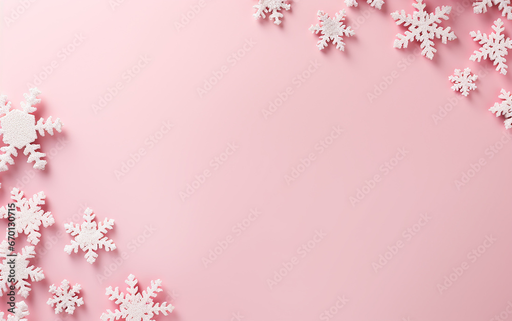 pink christmas and new year flat lay with snowflakes. copy space banner with place for text