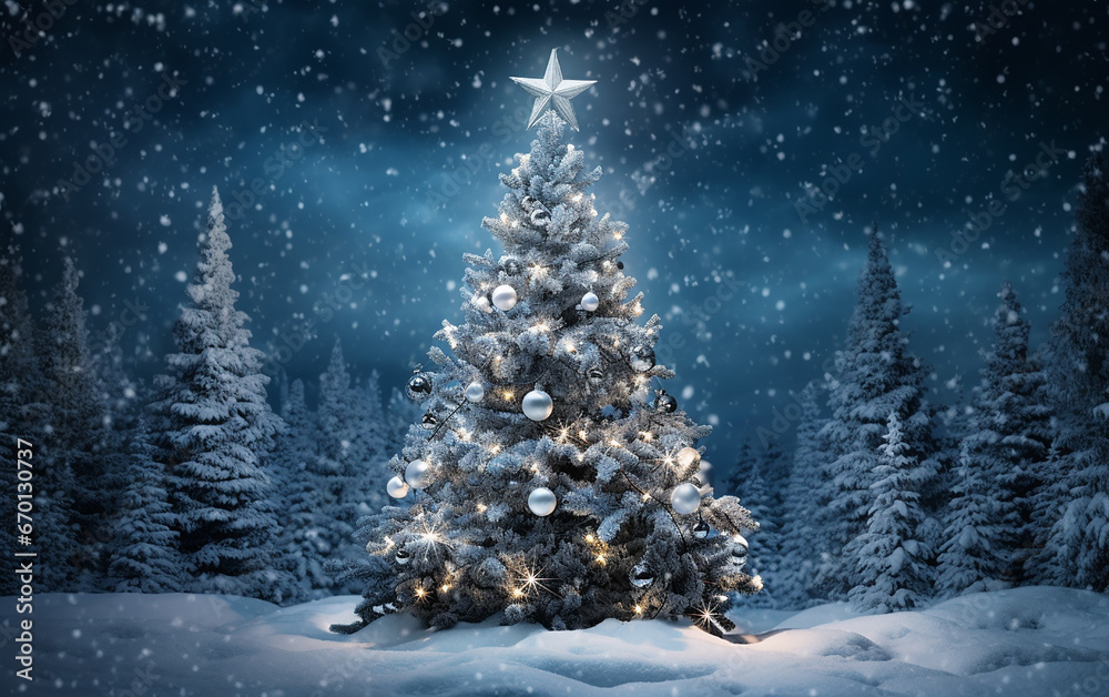 illuminated christmas tree with lights on dark winter night illuminated christmas tree with lights on dark winter night