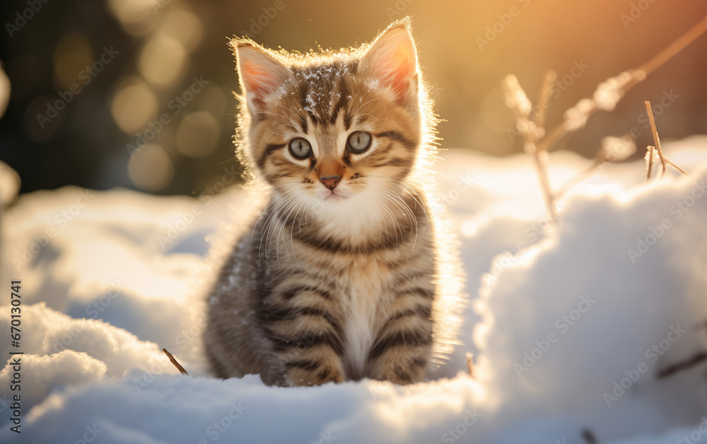 cute little tabby kitten in the snow on a sunny winter day