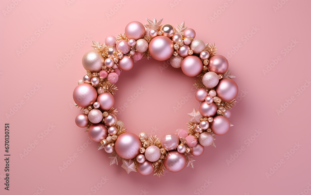 pink festive christmas wreath on light pink background pink festive christmas wreath on light pink background