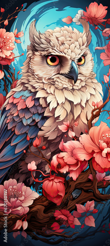 Majestic Wisdom: An Owl Amidst a Floral Symphony,owl,owl on a branch