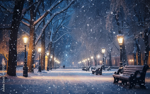 cozy winter evening background of cnowy park wirh benches and street lights photo