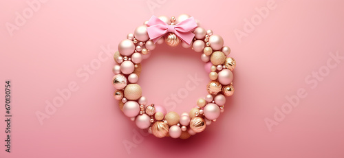 christmas wreath on pink background. monochrome background with place for text