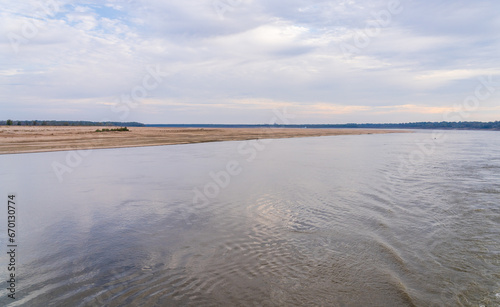 Panorama of sand banks due to extreme low water conditions on Mississippi river in October 2023 near Greenville, MS