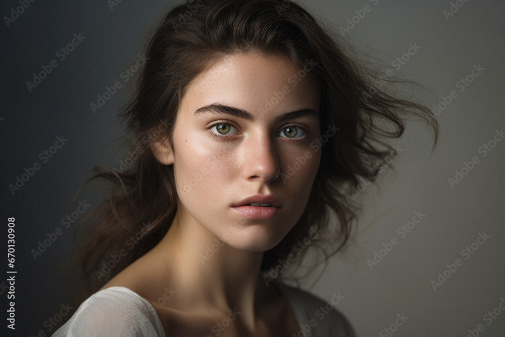 Portrait of beautiful young woman with wavy hair. Closeup shot.