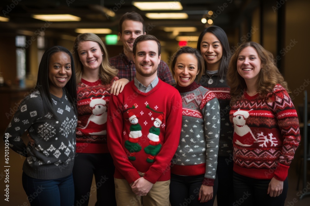 A Joyful Team Celebrating the Holiday Season Together, Wearing Matching Festive Christmas Sweaters with Smiles on Their Faces - obrazy, fototapety, plakaty 