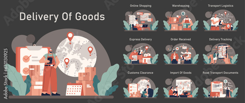 Delivery of goods dark or night mode set. Warehousing, logistics and delivery of customer' order. Transportation and distribution service. Flat vector illustration