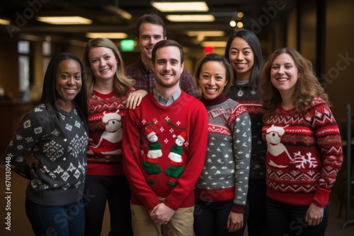 A Joyful Team Celebrating the Holiday Season Together, Wearing Matching Festive Christmas Sweaters with Smiles on Their Faces