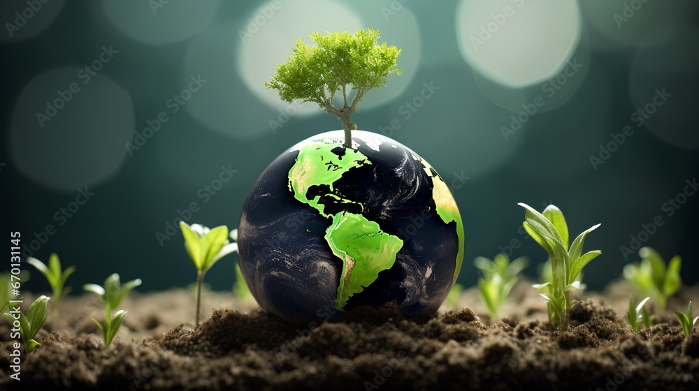 Greening for sustainable future and CO2 footprint reduction. Environmental conservation for better tomorrow. Earth recovery from carbon dioxide with forestation initiative. Greenhouse awareness. - obrazy, fototapety, plakaty 