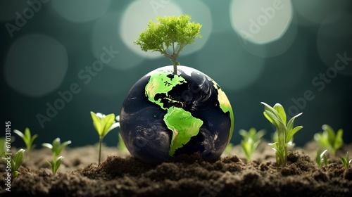 Greening for sustainable future and CO2 footprint reduction. Environmental conservation for better tomorrow. Earth recovery from carbon dioxide with forestation initiative. Greenhouse awareness.