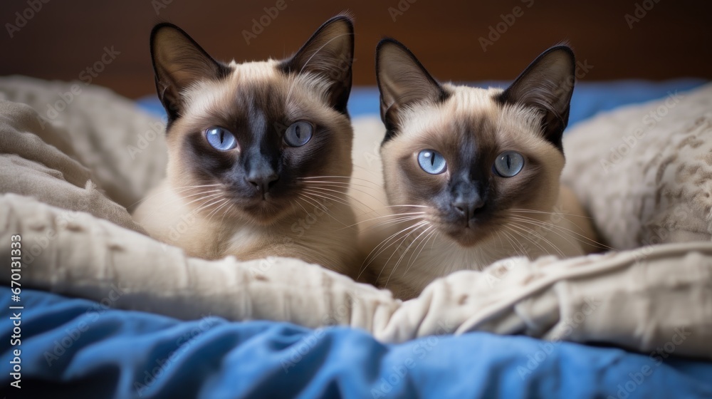 Adorable Siamese cats lying in the cozy bedroom. Rest and relax. Indoor background.