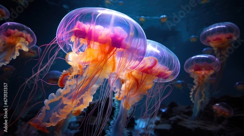Beautiful vibrant jellyfish, dark underwater scene. Wildlife background.