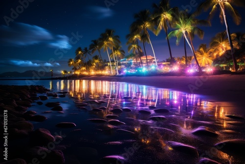 A Tropical Christmas Celebration on a Beach with Palm Trees Adorned with Colorful Lights Under the Starlit Sky