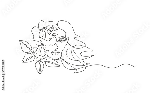 Continuous one line drawing. Style templates with abstract female face and rose. Modern minimalist simple linear style. Beauty fashion design