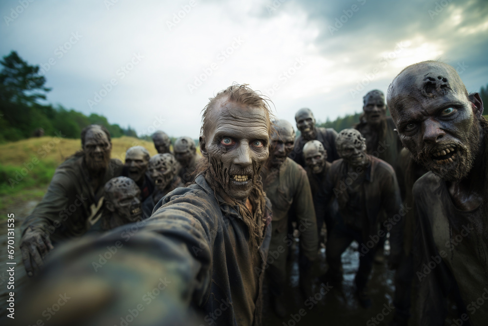 Funny Image of Multiple Zombies Taking a Selfie with a Smartphone