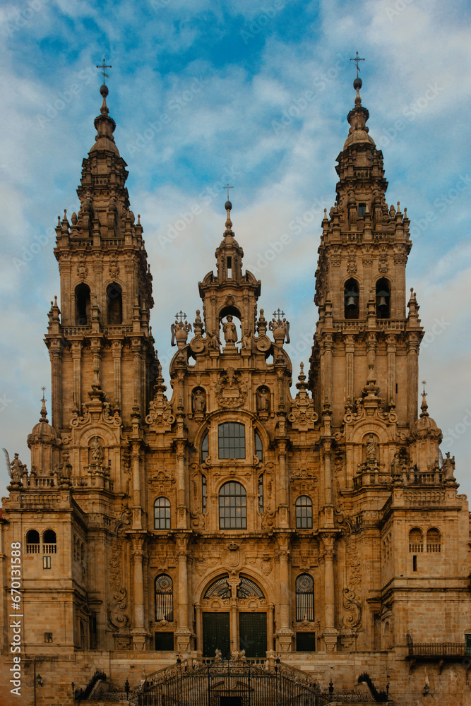 The majestic facade of the Cathedral of Santiago de Compostela in Spain, a masterpiece of Gothic architecture