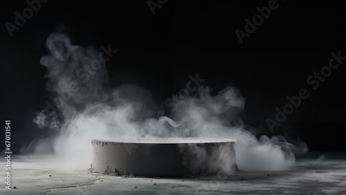 Podium or pedestal with smoke in the dark concrete floor grunge texture background, Gray textured concrete platform, light, fog, asphalt, copy space, generative ai