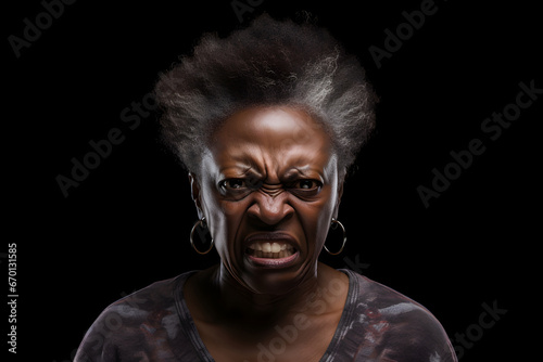 Angry senior African American woman yelling, head and shoulders portrait on black background. Neural network generated image. Not based on any actual person or scene. photo