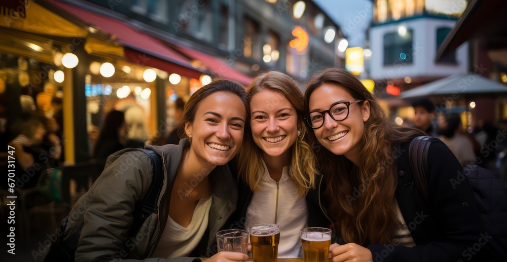 3 friends celebrating in a bar 3 friends celebrating in a bar