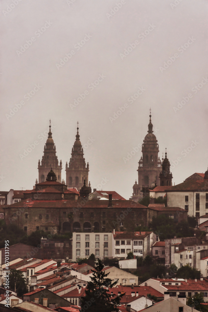 Skyline of Santiago de Compostela, Spain, with the iconic cathedral towers rising majestically over this historic city
