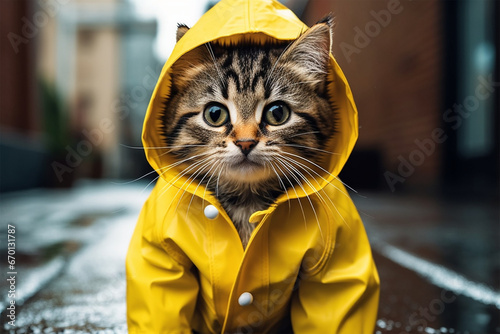the cat wears a yellow raincoat photo
