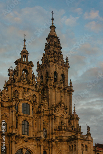 A detailed view of the Gothic facade of Santiago de Compostela Cathedral in Spain