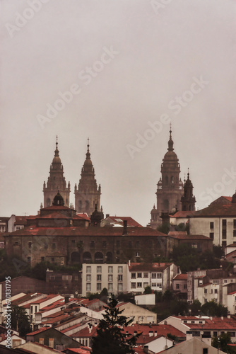 Skyline of Santiago de Compostela, Spain, with the iconic cathedral towers rising majestically over this historic city