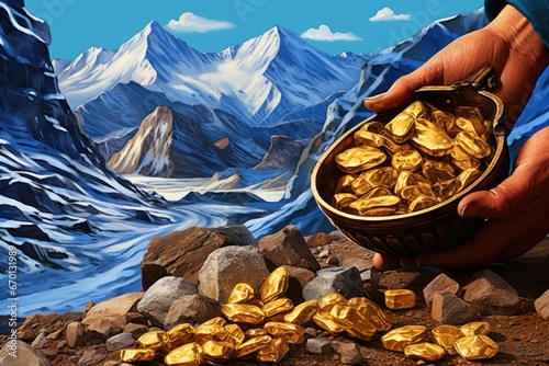 illustration with miners hands full of gold nuggets photo