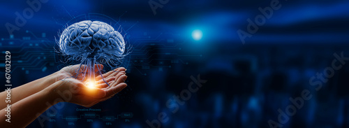 Man showing AI computer brain, security concept Cloud computing technology, AI systems, globally connected internet networks and digital software development, algorithms, metaverses and data science.  photo