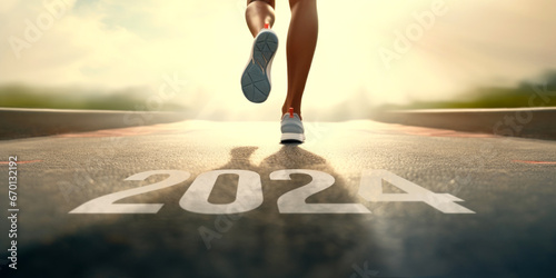 New year 2024 or start straight concept, word 2024 written on the asphalt road and athlete woman running preparing for new year at sunset, goals and plans for the next year, generative ai photo