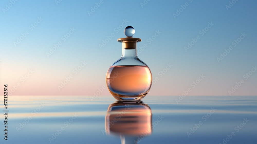 Flacon de parfum en verre sur l'eau. Horizon bleu, coucher de soleil, rose. Reflet sur l'eau. Eau de parfum. Luxe. Pour conception et création graphique. Flacon de parfum en verre sur l'eau. Horizon bleu, coucher de soleil, rose. Reflet sur l'eau. Eau de parfum. Luxe. Pour conception et création graphique.