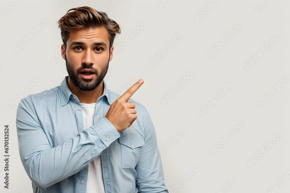 Direct your attention over here...Studio shot of a handsome young man pointing at copy space against a grey background. Direct your attention over here...Studio shot of a handsome young man pointing at copy space against a grey background.