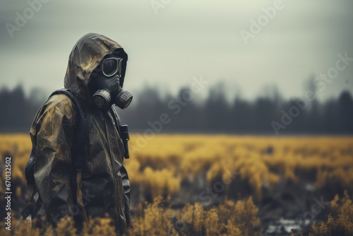 post-apocalyptic gloomy landscape at moody weather with single person wearing chemical protective full-body heavy suit