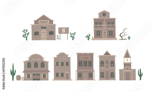 Wild west wooden town, city. Western buildings saloon, bank, house, sheriff office ve or illustrations