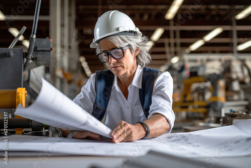 Mature female architect with white hard hat supervising blueprints on a construction site. photo