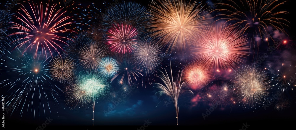 Multicolored fireworks on a dark background. Banner for the site. Place for text. Wallpaper for holidays. Festive light