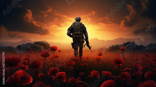 illustration of a soldier in the poppy field during golden sunset photo