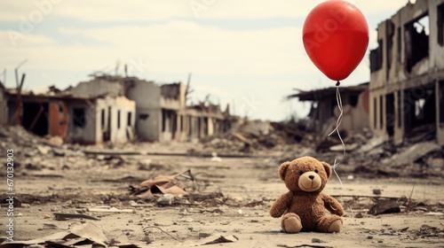 A plush toy bear with a red balloon, depressed and lonely against the backdrop of a city destroyed photo
