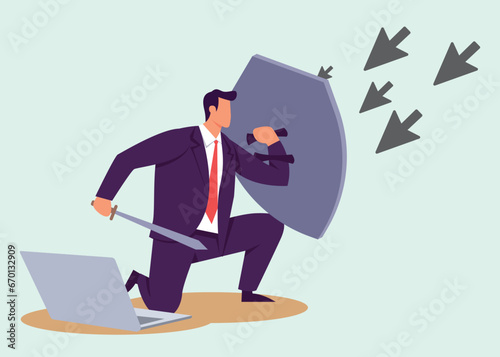 Cyber security protection for safety computer network, safety shield to protect online threat or attack, digital privacy or encryption concept, man hold shield on computer laptop protect cyber attack.