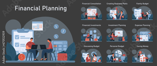 Financial planning dark or night mode set. Personal and family budget development, expense management. Investing money. Financial well-being. Flat vector illustration
