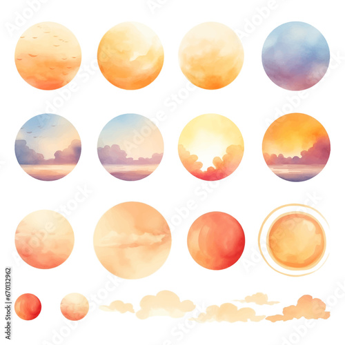 watercolor vector set of sunrise and sunset elements