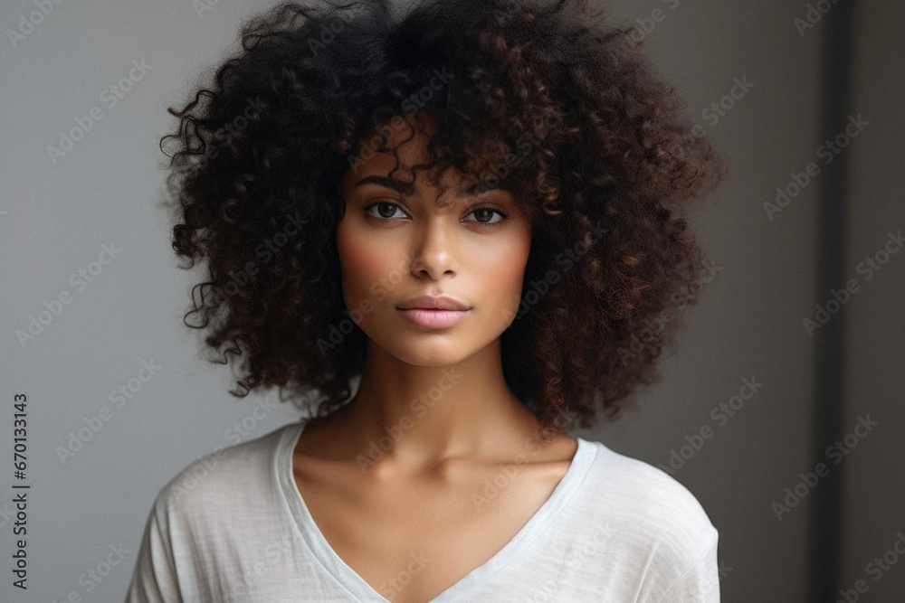 Portrait of beautiful young woman with curly hair looking at camera. Portrait of beautiful young woman with curly hair looking at camera.