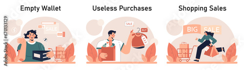 Impulsive buying set. Shopaholic money problems. Consumer doing useless purchases without thoughtful consideration or planning. Spontaneous buying. Flat vector illustration