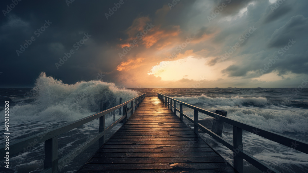 dramatic stormy seascape with wooden jetty and waves splashing at sunset - obrazy, fototapety, plakaty 
