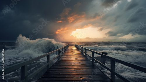 dramatic stormy seascape with wooden jetty and waves splashing at sunset