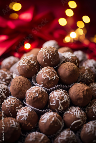 Delicious Chocolate truffles stacked on table with christmas decor around