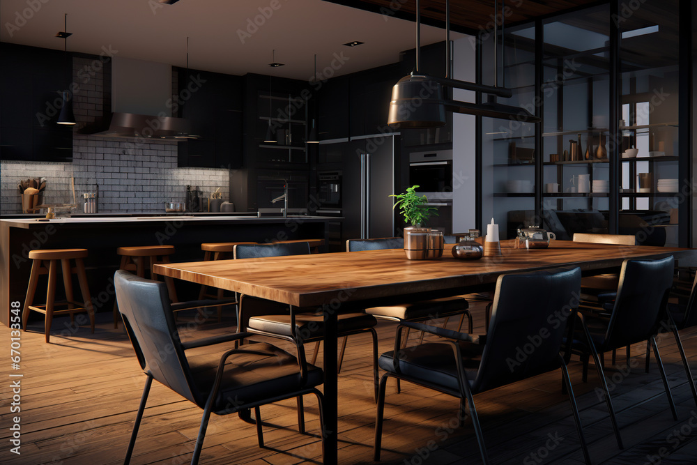 Modern, spacious and stylish kitchen design with dark wooden interior and finishings and dining table