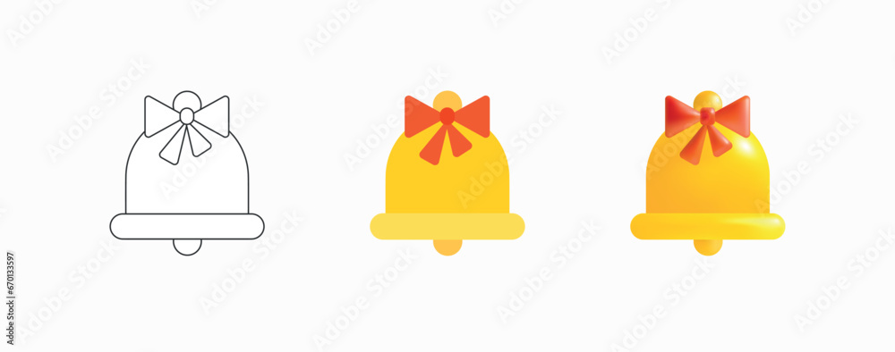 Jingle Bells Sticker Pack. Yellow Christmas Bell with red tied bow in three styles - Contour, Flat, 3D. Traditional Christmas Symbol. Design Elements for Coloring Books. Icons Set. Vector graphics Jingle Bells Sticker Pack. Yellow Christmas Bell with red tied bow in three styles - Contour, Flat, 3D. Traditional Christmas Symbol. Design Elements for Coloring Books. Icons Set. Vector graphics