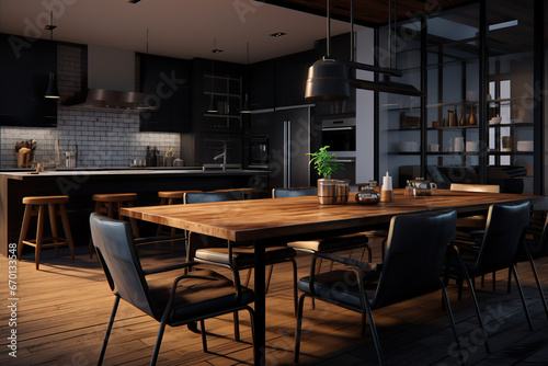 Modern  spacious and stylish kitchen design with dark wooden interior and finishings and dining table