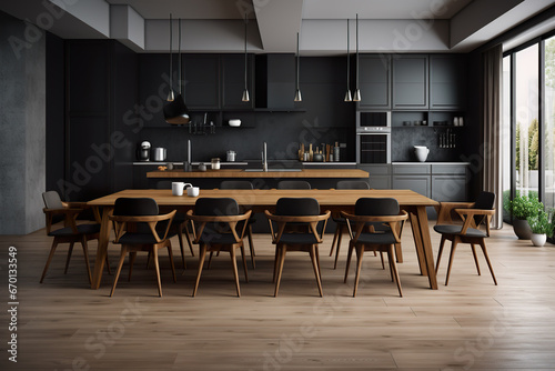 Modern, spacious and stylish kitchen design with dark wooden interior and finishings and dining table photo